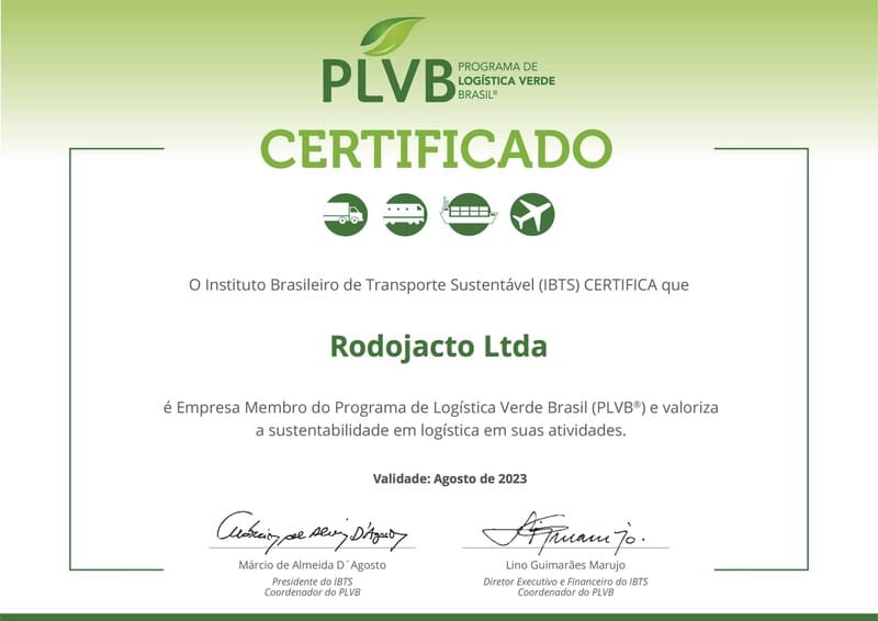 Certificado PLVB da Rodojacto