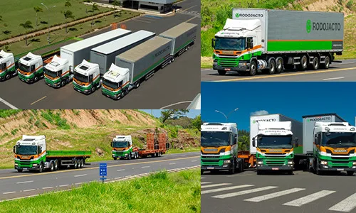 Frota de caminhões da Rodojacto em diferentes ângulos na estrada, destacando a logística e transporte especializado de cargas.