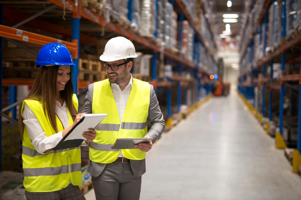 Profissionais de facility management analisando documentos em um armazém, com equipamentos de segurança e prateleiras de estoque ao fundo.